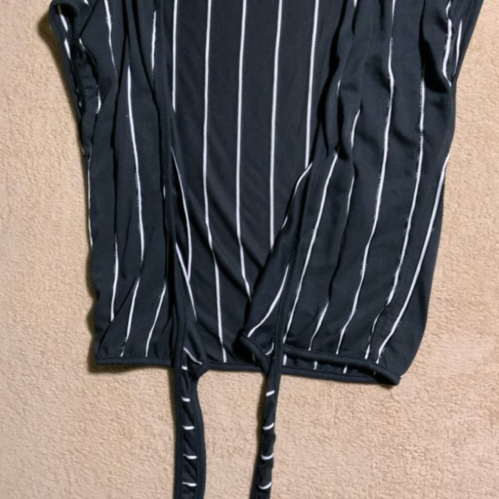 Vintage Ann Chabrol Women Med Black White Stripe Tie Botton Sleeveless Blouse